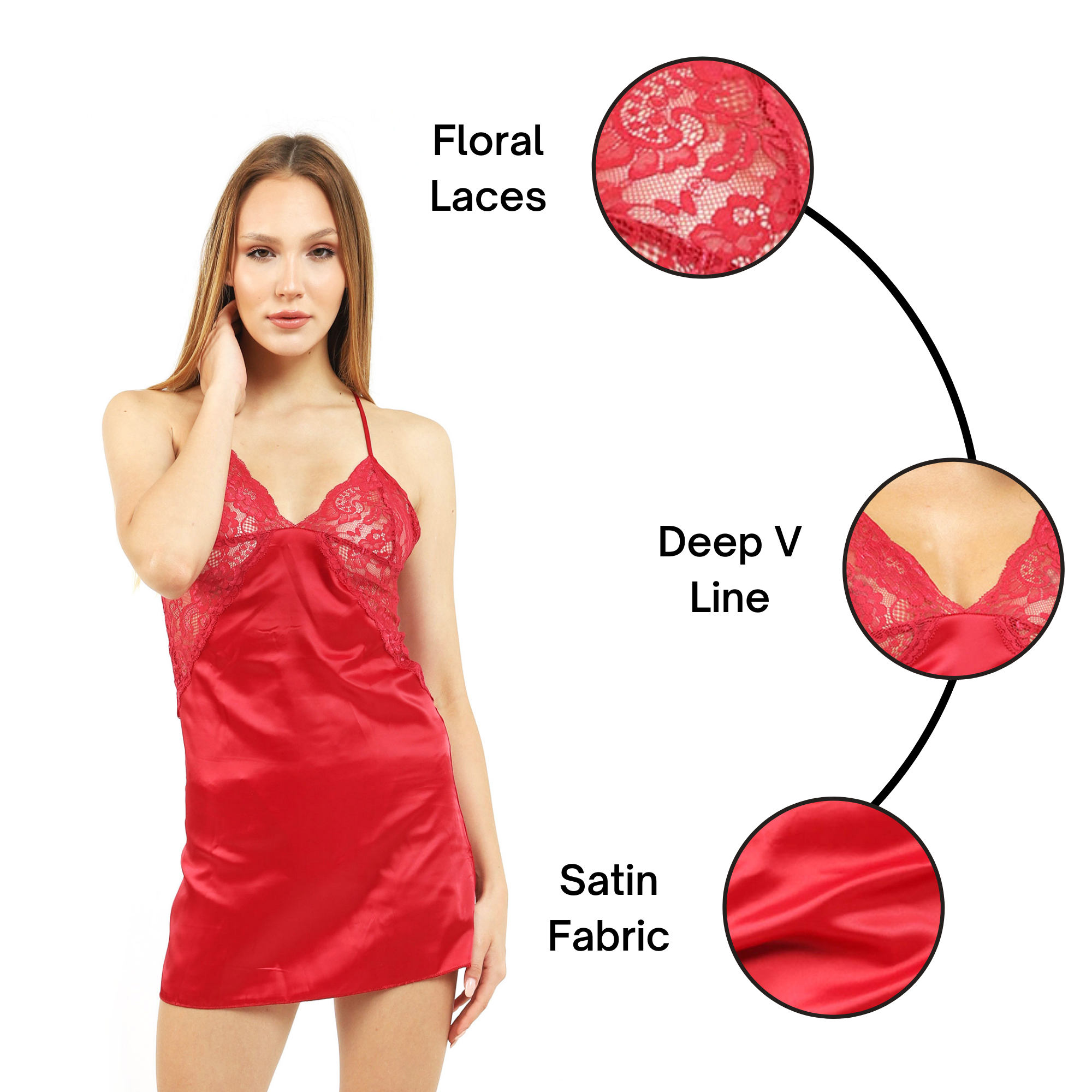 Women Lingerie V Neck Nightwear Satin Sleepwear Lace Night Dress